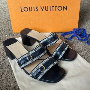 LOUIS VUITTON Leather Monogram Mule Pumps Sandals 38